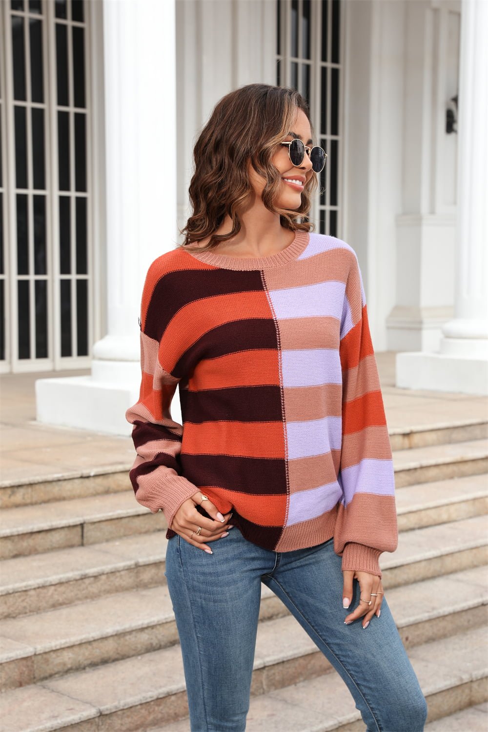 Round Neck Long Sleeve Color Block Dropped Shoulder Pullover Sweater - Guy Christopher