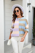 Round Neck Long Sleeve Color Block Dropped Shoulder Pullover Sweater - Guy Christopher