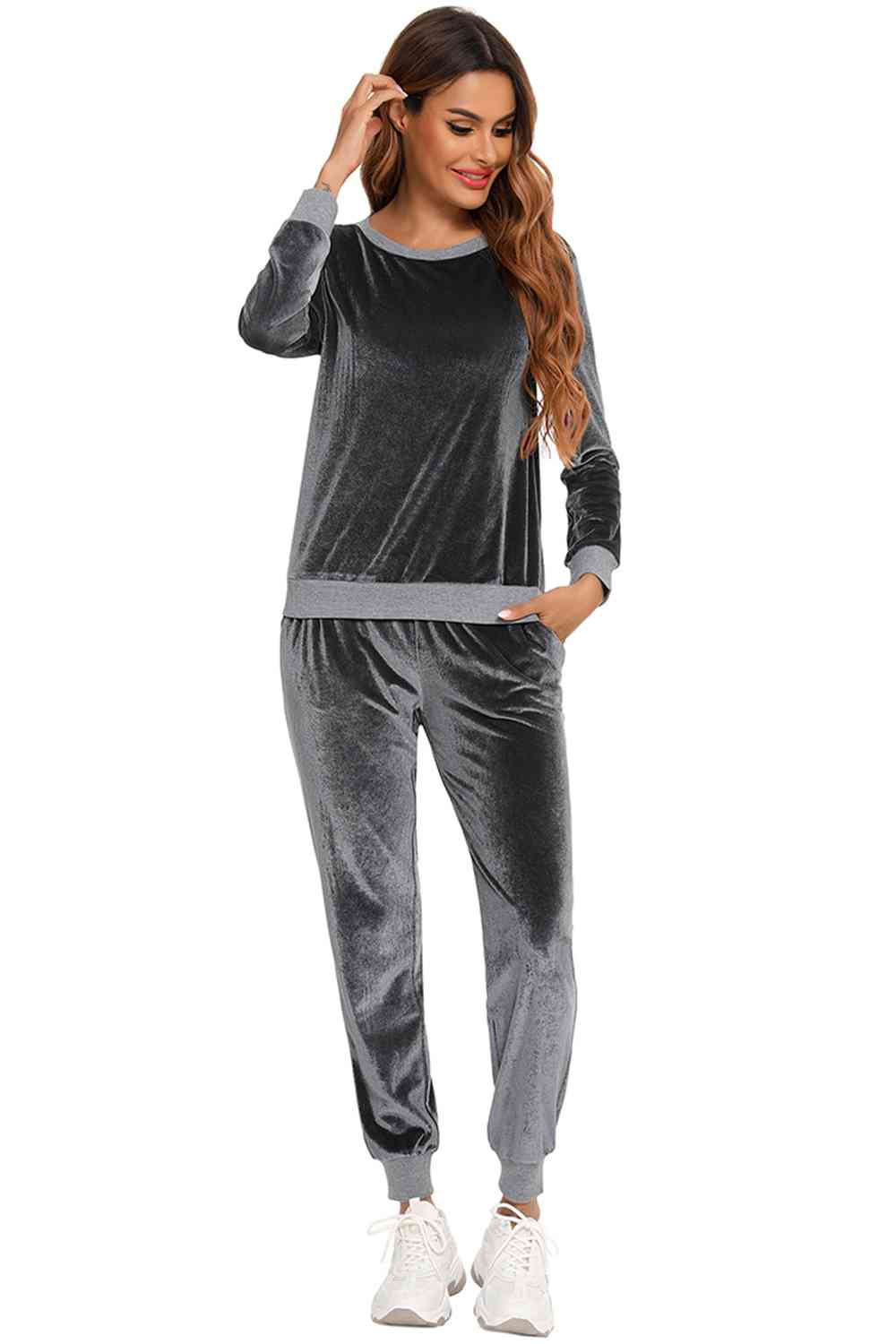 Round Neck Long Sleeve Loungewear Set with Pockets - Guy Christopher