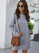 Round Neck Long Sleeve Mini Dress with Pockets - Guy Christopher