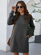 Round Neck Long Sleeve Mini Dress with Pockets - Guy Christopher