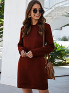 Round Neck Long Sleeve Mini Dress with Pockets - Guy Christopher