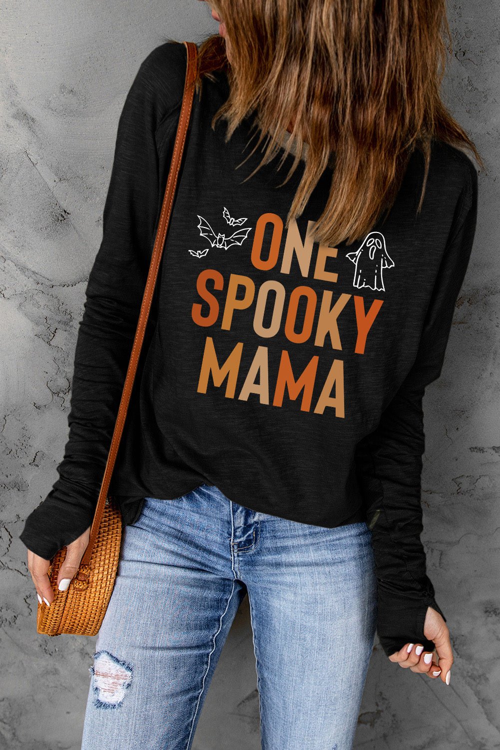 Round Neck Long Sleeve ONE SPOOKY MAMA Graphic T-Shirt - Guy Christopher