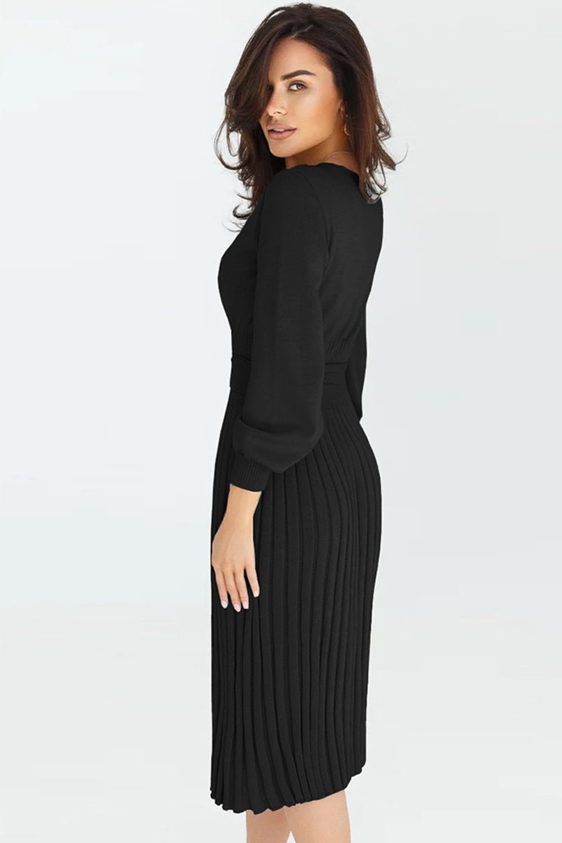 Round Neck Long Sleeve Pleated Sweater Dress - Guy Christopher