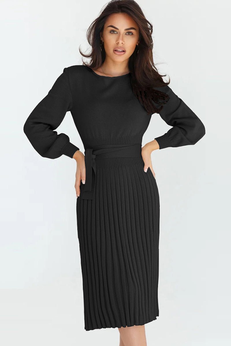 Round Neck Long Sleeve Pleated Sweater Dress - Guy Christopher