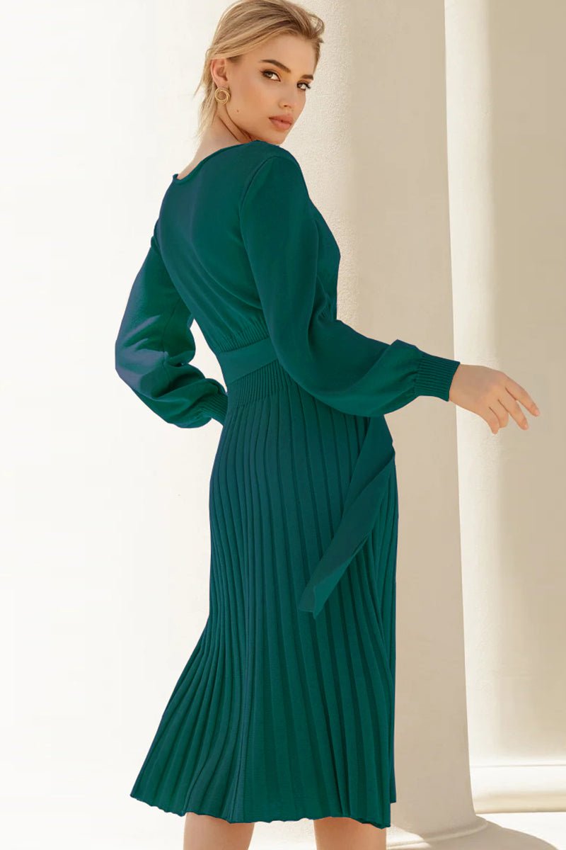 Round Neck Long Sleeve Pleated Sweater Dress - Guy Christopher