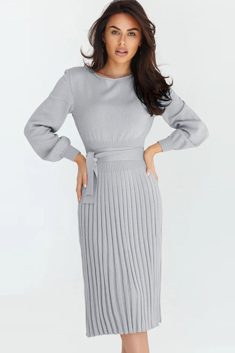 Round Neck Long Sleeve Pleated Sweater Dress - Guy Christopher