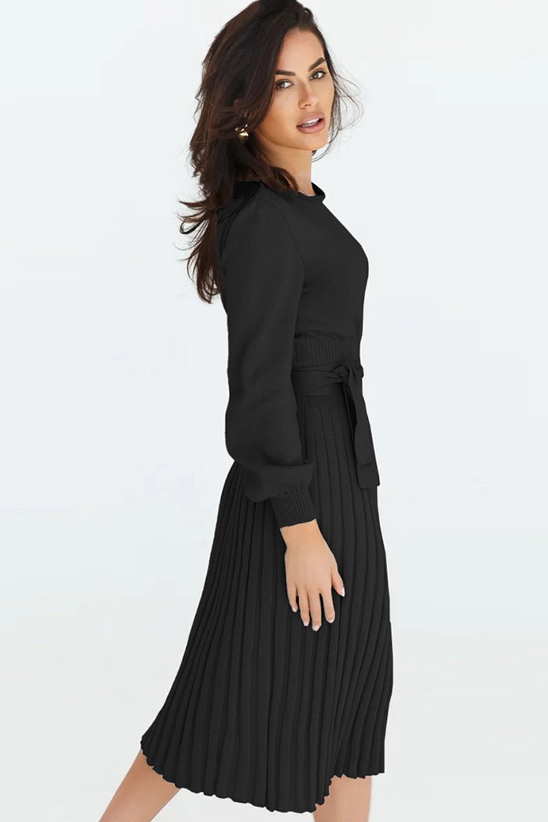 Round Neck Long Sleeve Pleated Sweater Dress - Guy Christopher