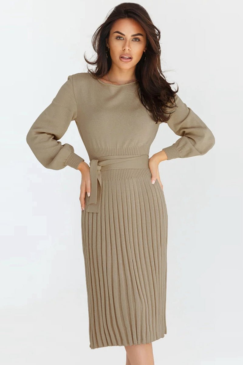 Round Neck Long Sleeve Pleated Sweater Dress - Guy Christopher