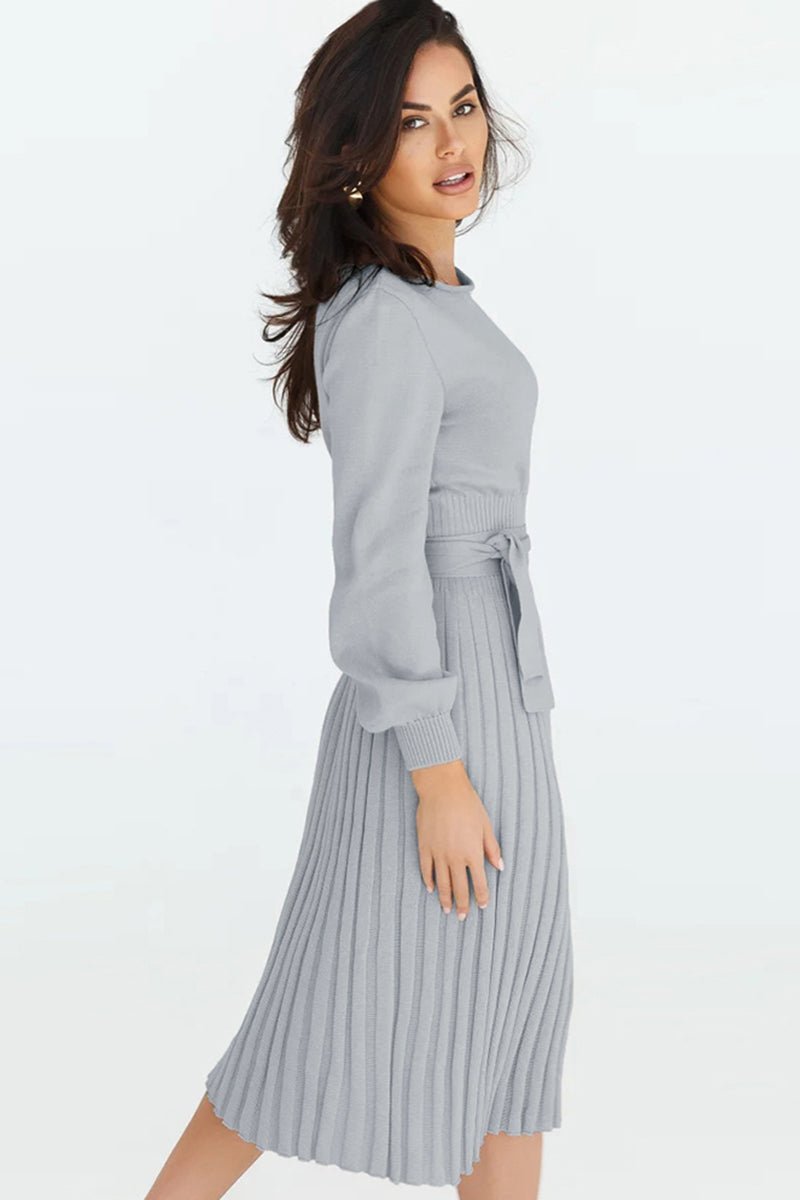 Round Neck Long Sleeve Pleated Sweater Dress - Guy Christopher