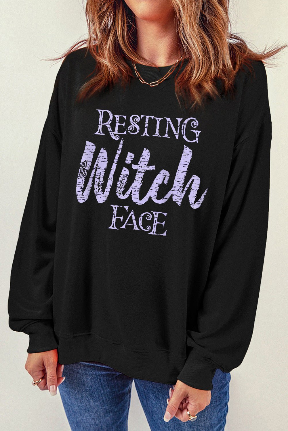 Round Neck Long Sleeve RESTING WITCH FACE Graphic Sweatshirt - Guy Christopher
