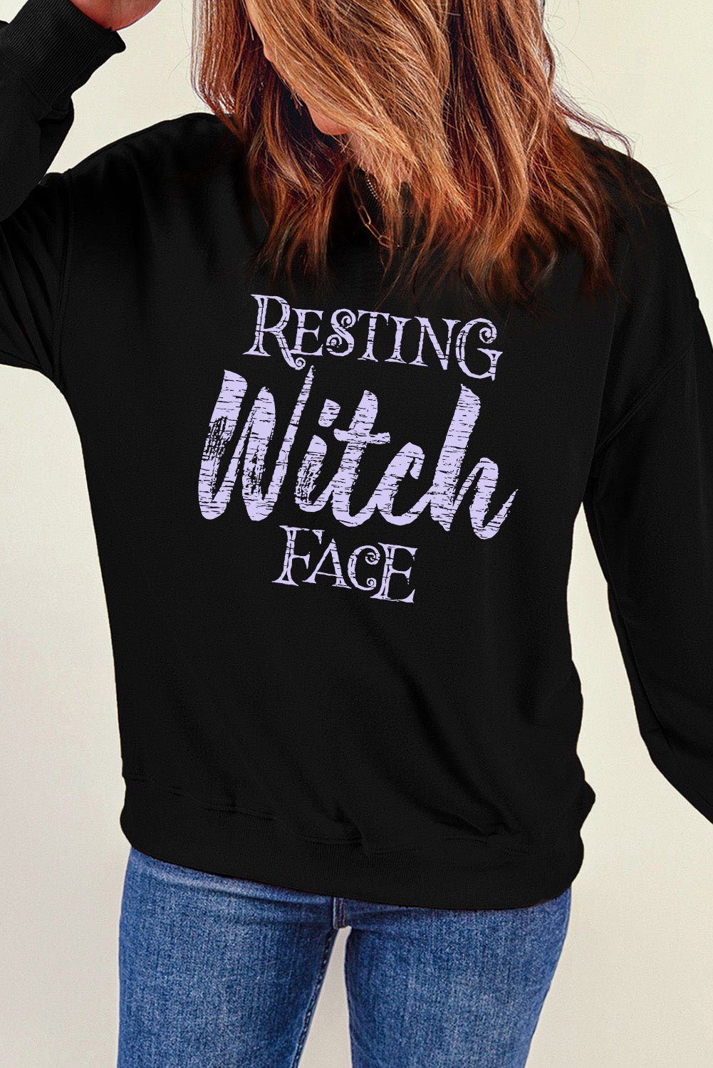 Round Neck Long Sleeve RESTING WITCH FACE Graphic Sweatshirt - Guy Christopher
