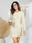 Round Neck Long Sleeve Ruffle Trim Sweater Dress - Guy Christopher