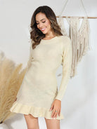 Round Neck Long Sleeve Ruffle Trim Sweater Dress - Guy Christopher