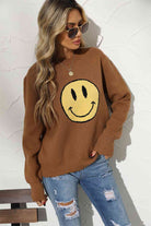 Round Neck Long Sleeve Smily Face Graphic Sweater - Guy Christopher