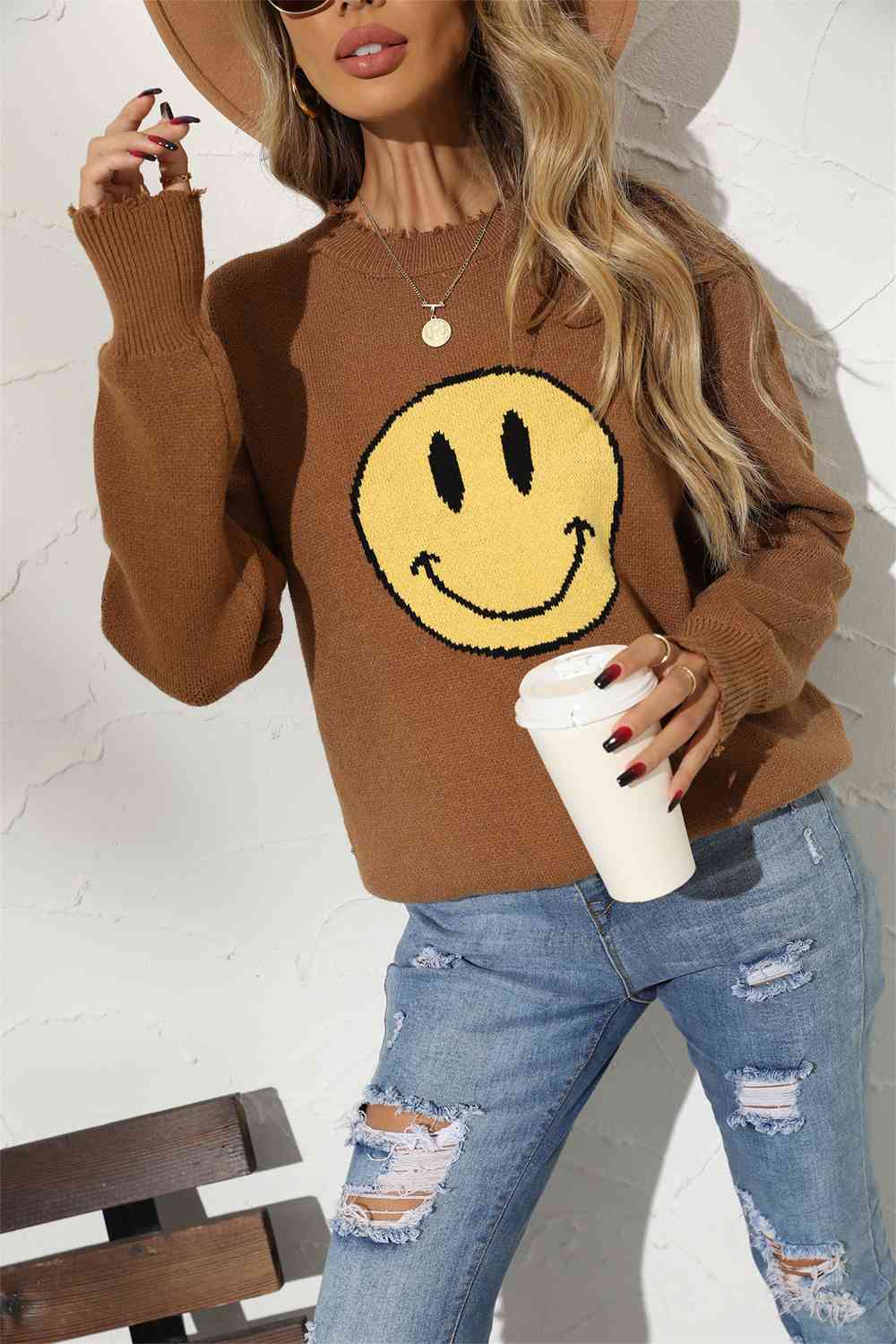 Round Neck Long Sleeve Smily Face Graphic Sweater - Guy Christopher