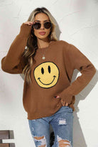 Round Neck Long Sleeve Smily Face Graphic Sweater - Guy Christopher