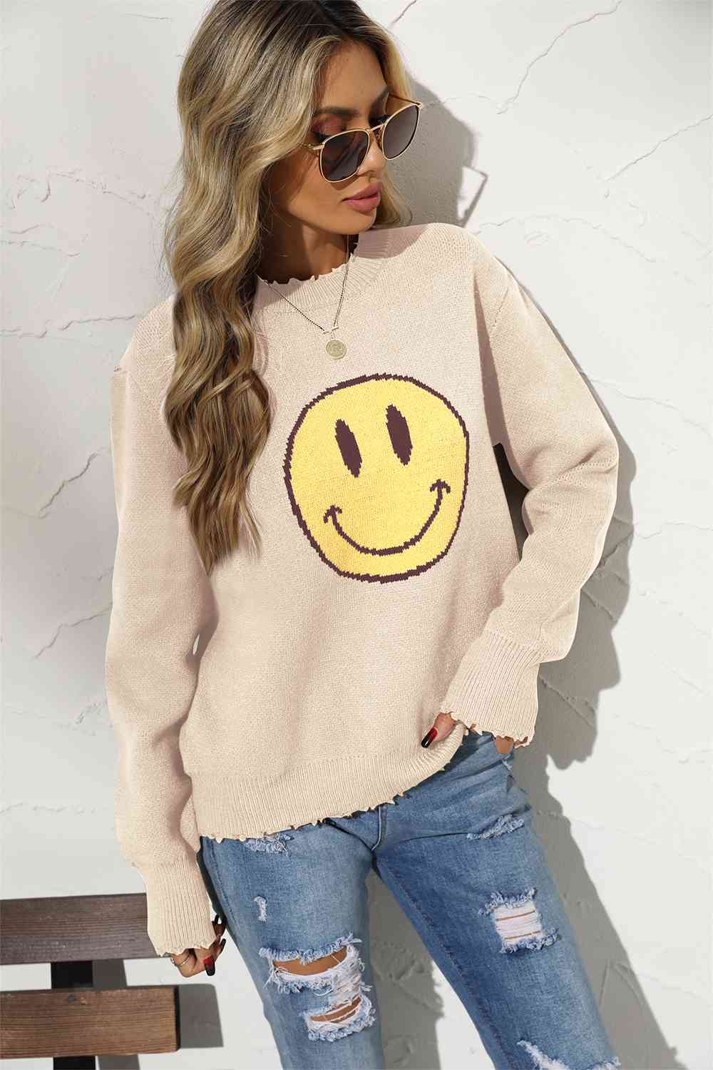 Round Neck Long Sleeve Smily Face Graphic Sweater - Guy Christopher