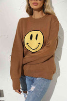 Round Neck Long Sleeve Smily Face Graphic Sweater - Guy Christopher