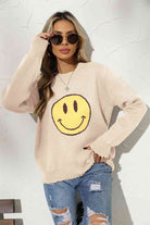 Round Neck Long Sleeve Smily Face Graphic Sweater - Guy Christopher