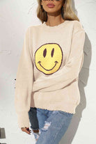 Round Neck Long Sleeve Smily Face Graphic Sweater - Guy Christopher