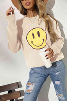 Round Neck Long Sleeve Smily Face Graphic Sweater - Guy Christopher