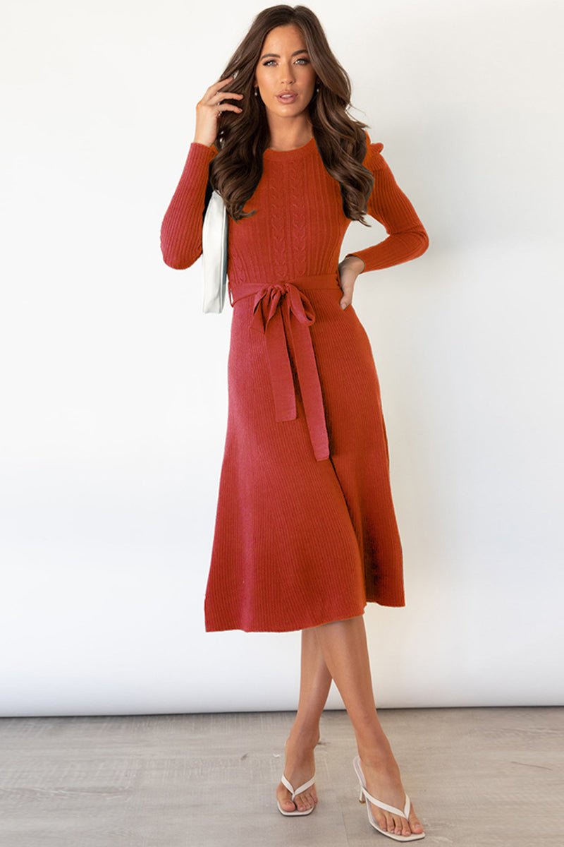 Round Neck Long Sleeve Tie Waist Sweater Dress - Guy Christopher