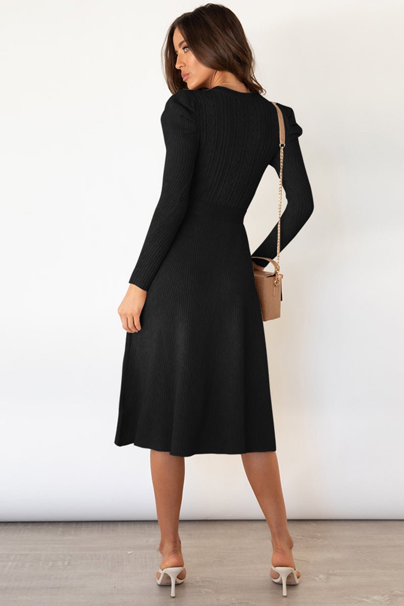 Round Neck Long Sleeve Tie Waist Sweater Dress - Guy Christopher