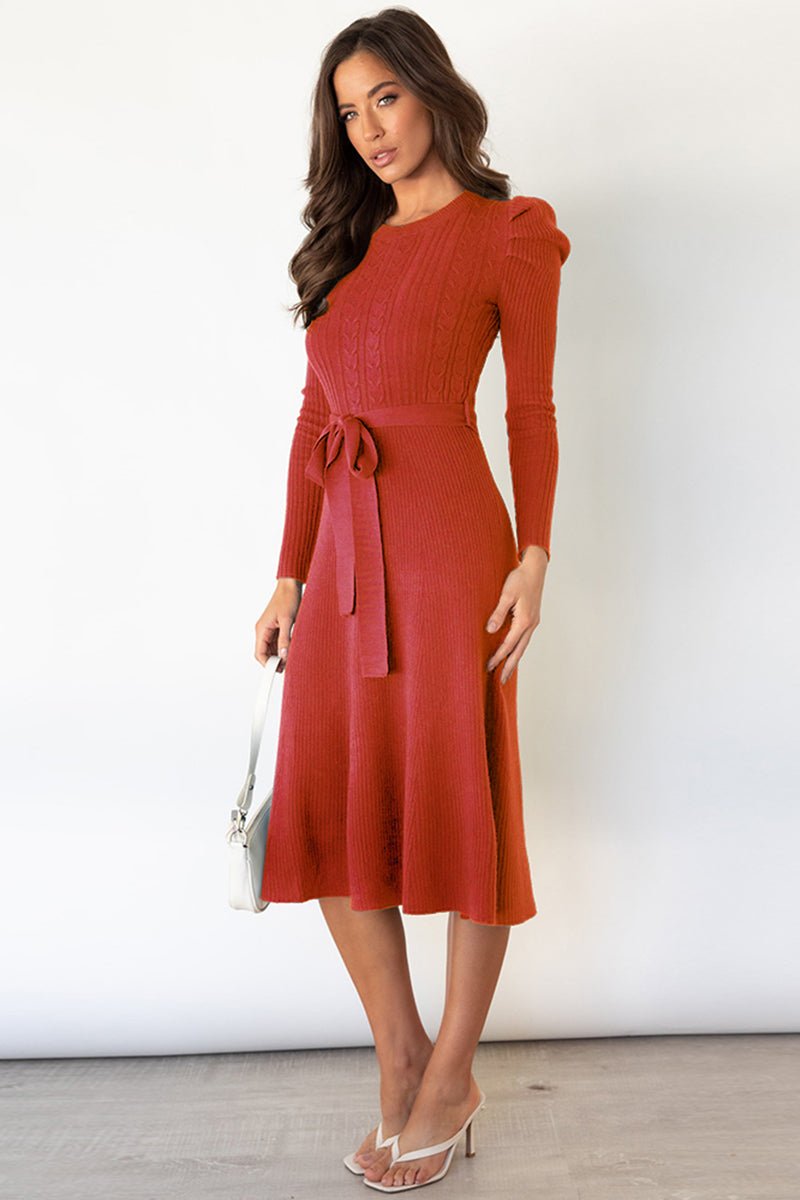 Round Neck Long Sleeve Tie Waist Sweater Dress - Guy Christopher