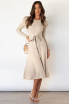 Round Neck Long Sleeve Tie Waist Sweater Dress - Guy Christopher