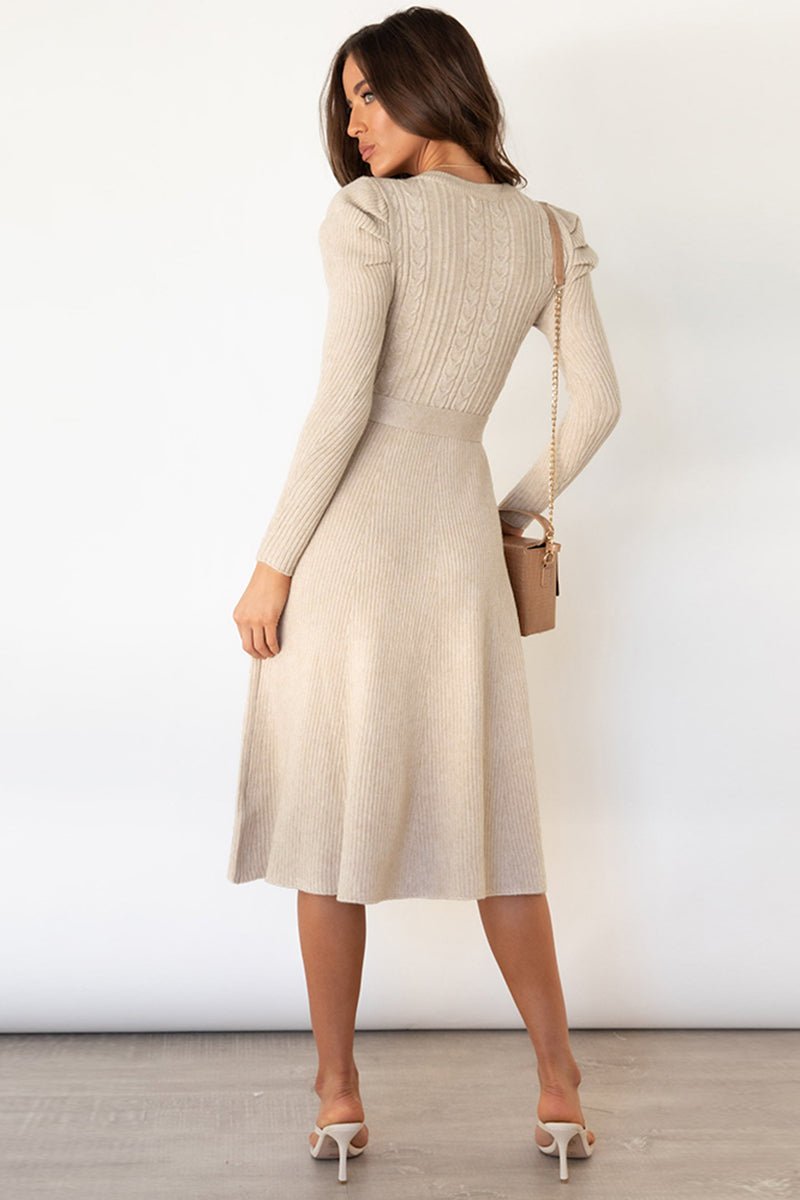 Round Neck Long Sleeve Tie Waist Sweater Dress - Guy Christopher