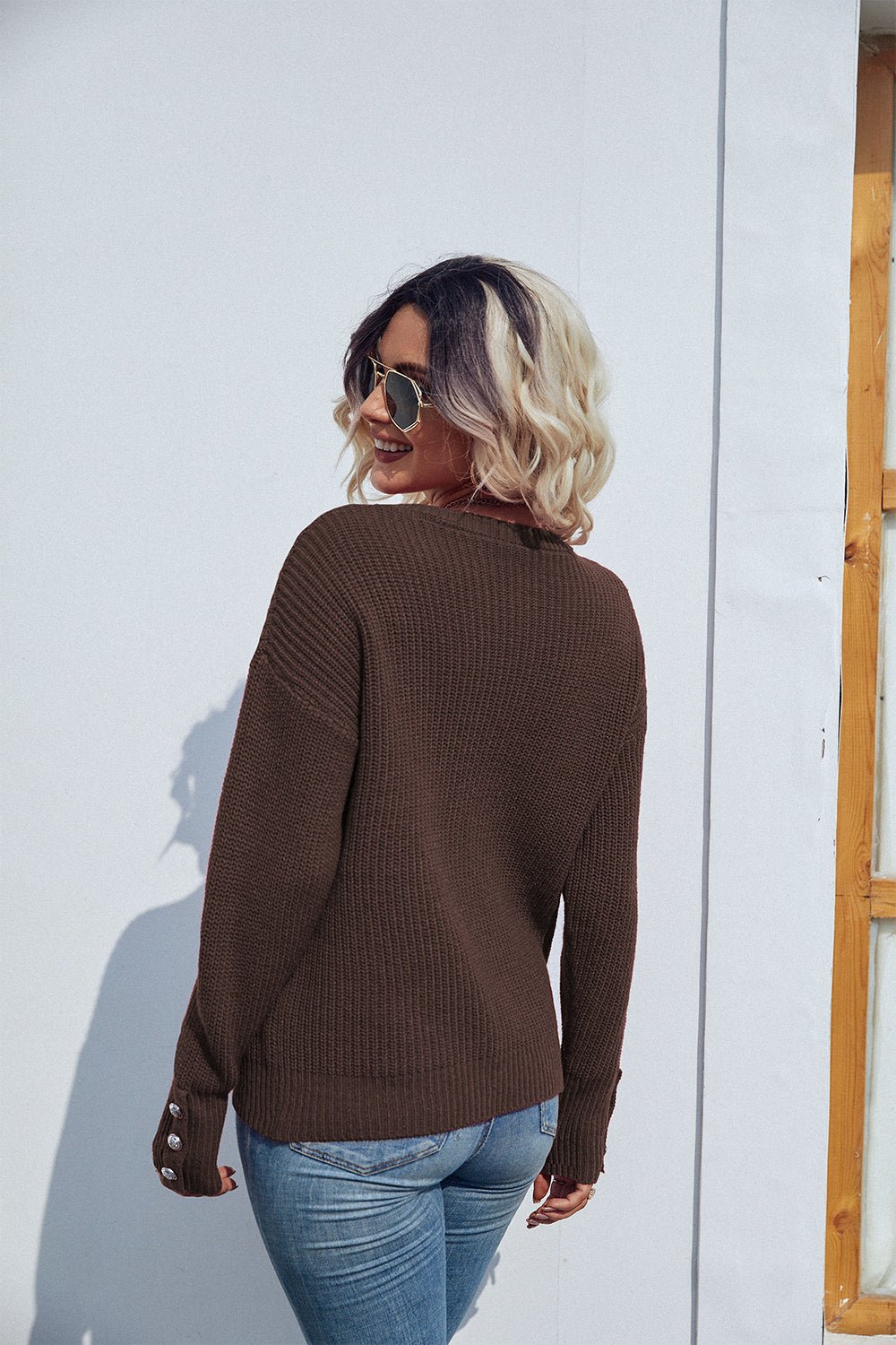 Round Neck Long Sleeve Waffle-Knit Sweater - Guy Christopher