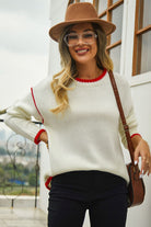 Round Neck Long Sleeve Waffle-Knit Sweater - Guy Christopher