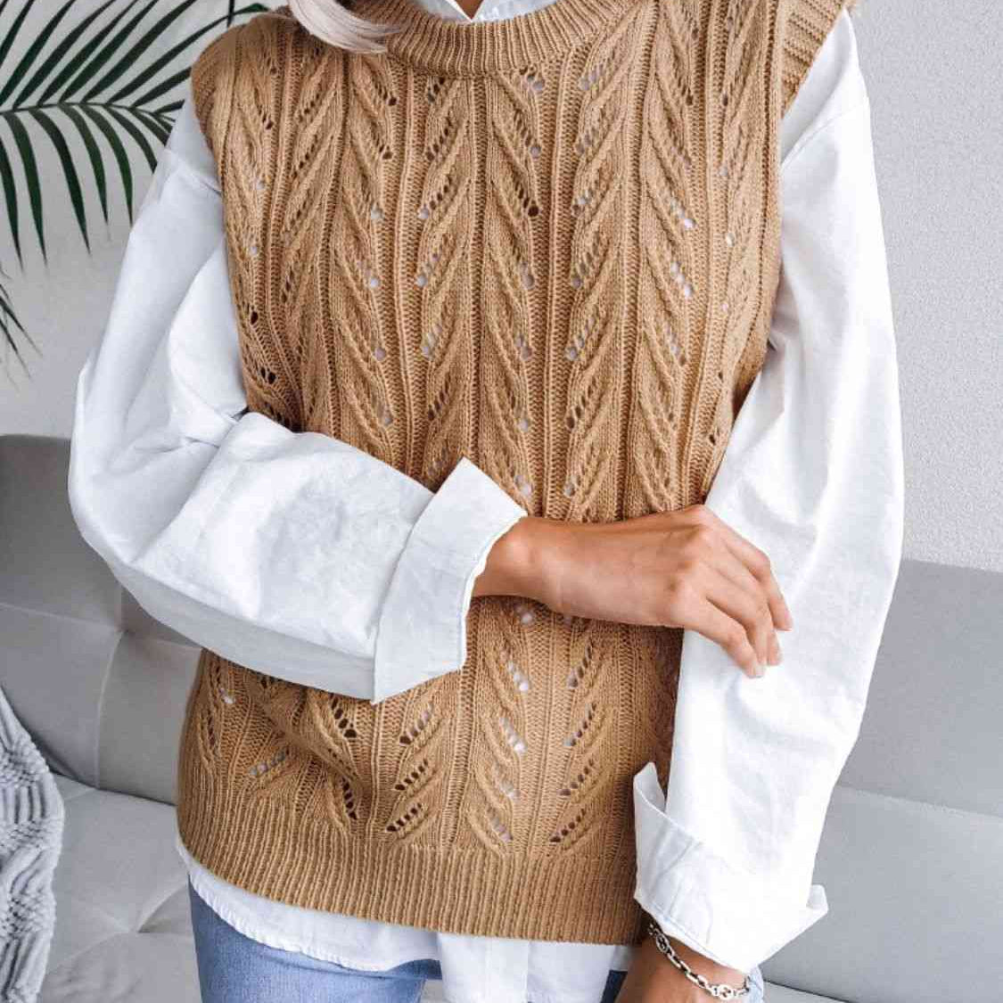 Round Neck Openwork Capped Sleeve Sweater Vest - Guy Christopher