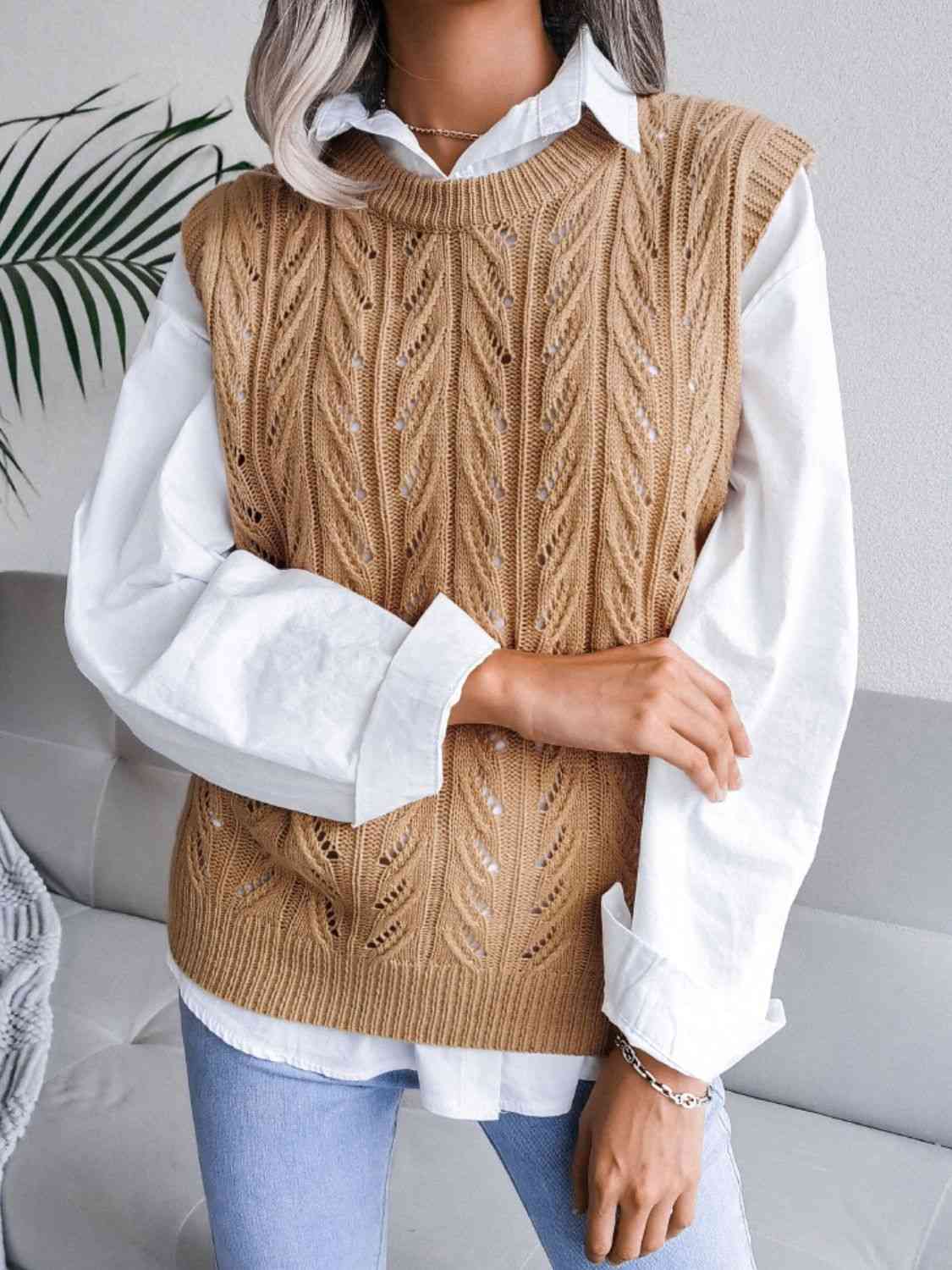 Round Neck Openwork Capped Sleeve Sweater Vest - Guy Christopher
