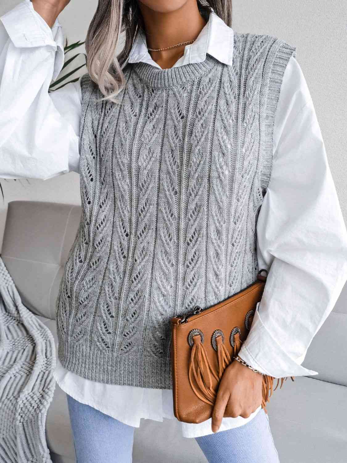 Round Neck Openwork Capped Sleeve Sweater Vest - Guy Christopher