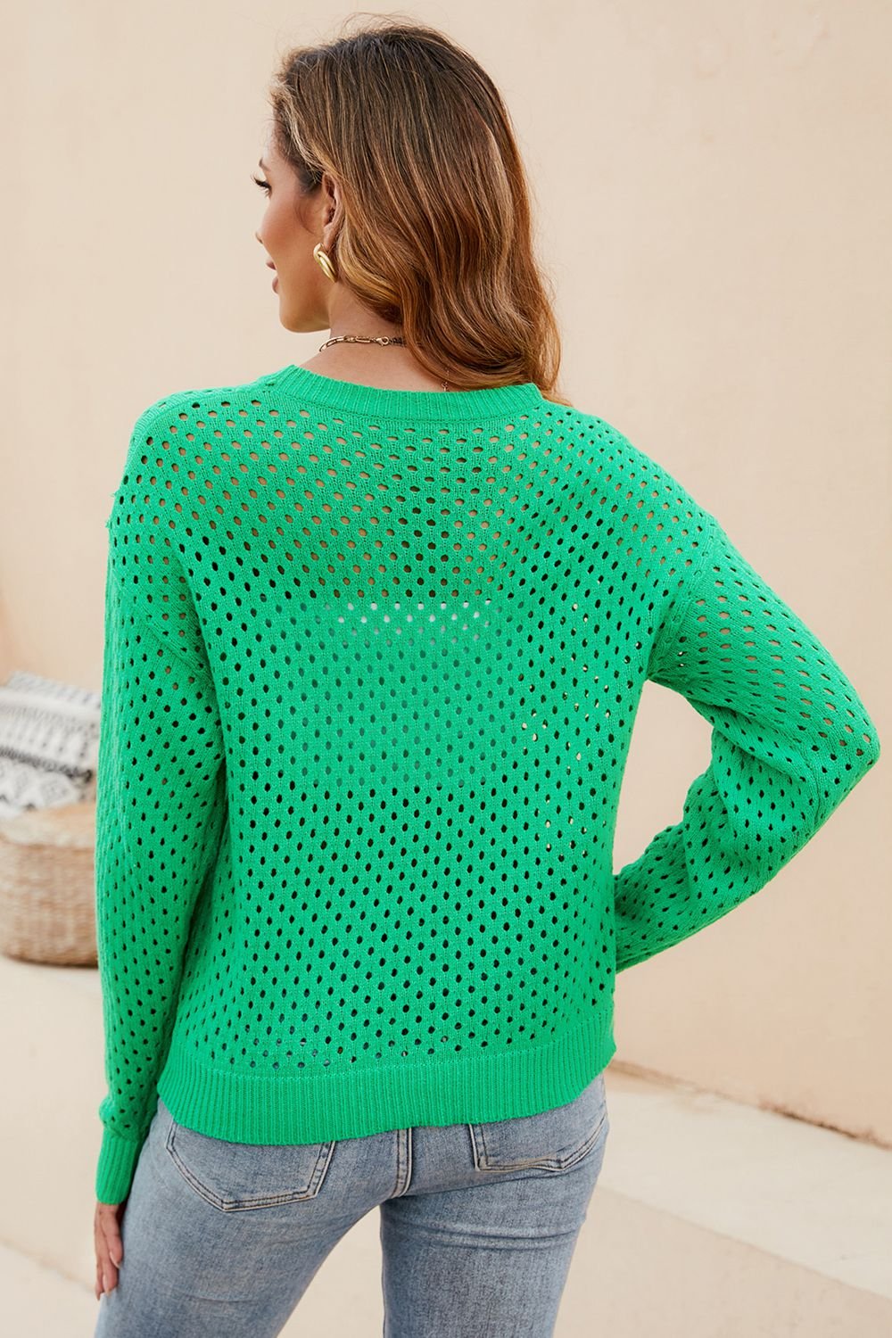 Round Neck Openwork Dropped Shoulder Knit Top - Guy Christopher