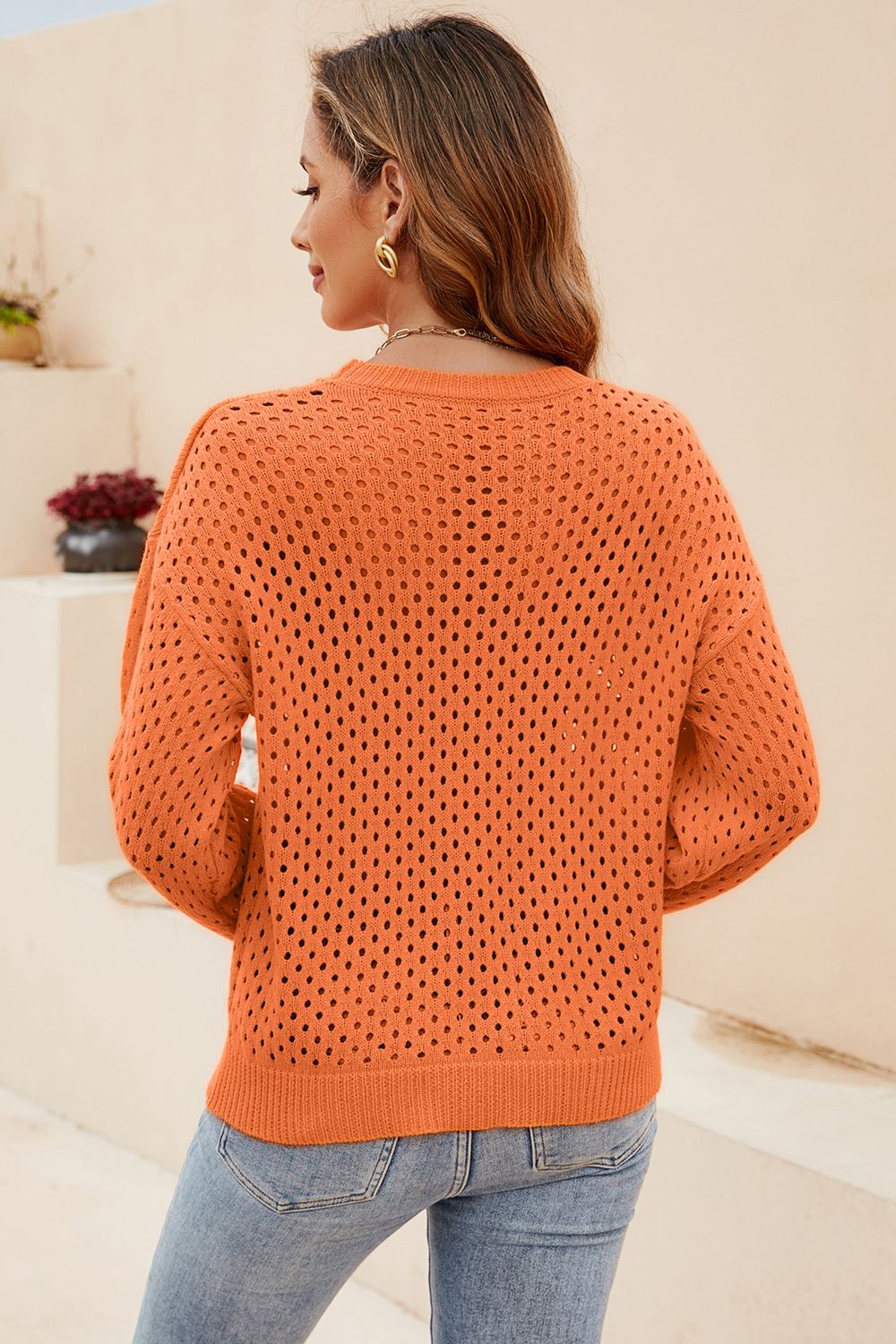 Round Neck Openwork Dropped Shoulder Knit Top - Guy Christopher