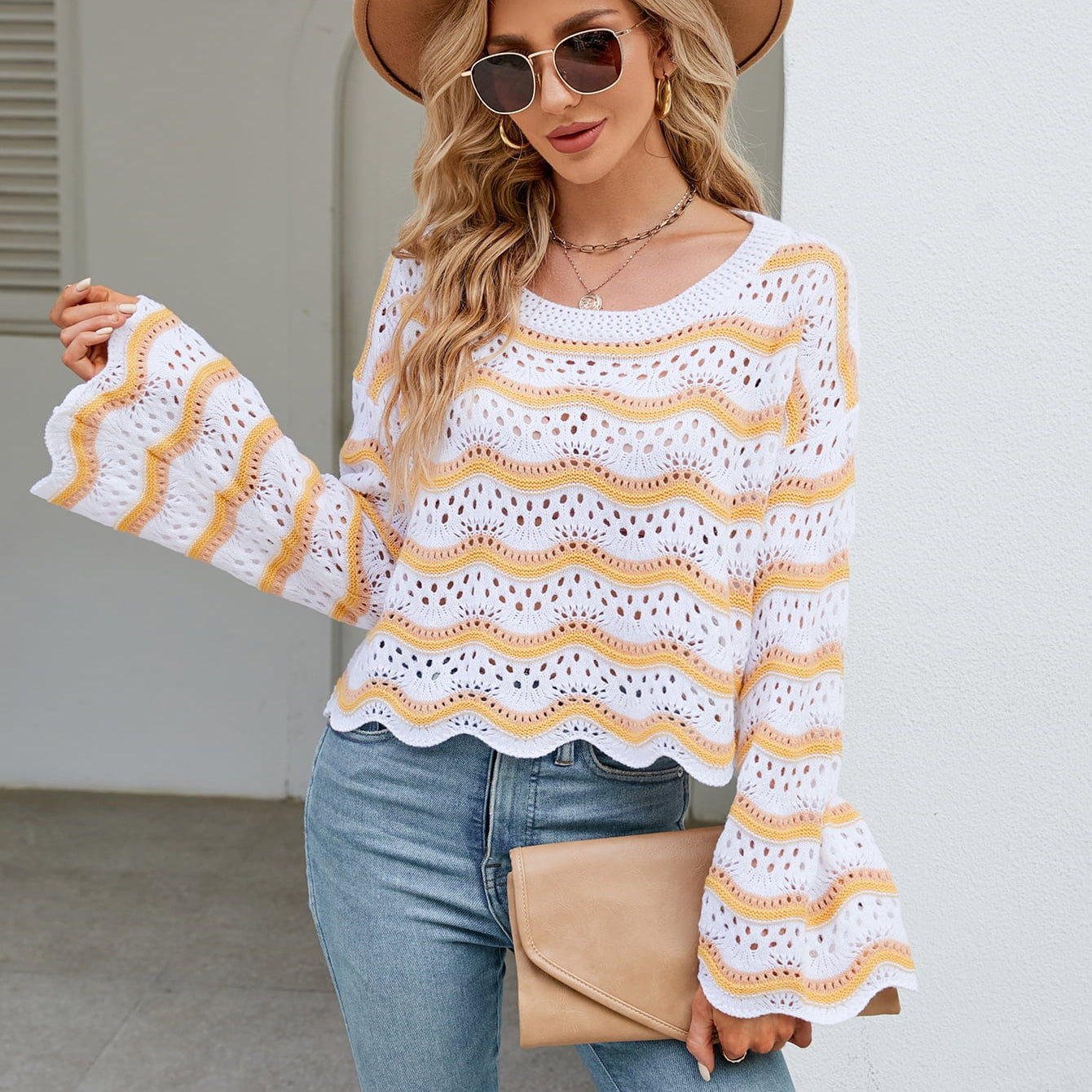 Round Neck Openwork Flare Sleeve Knit Top - Guy Christopher