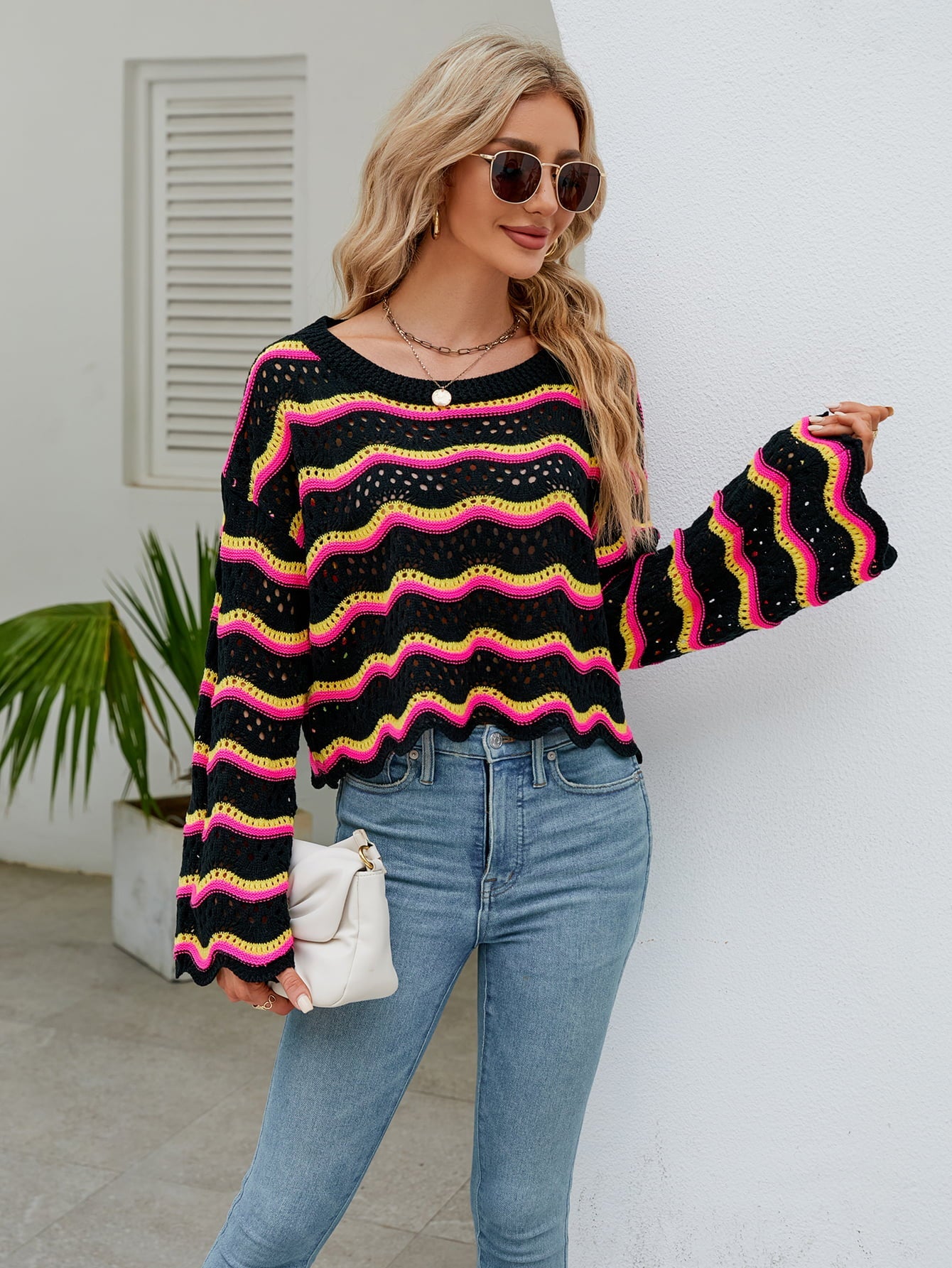 Round Neck Openwork Flare Sleeve Knit Top - Guy Christopher