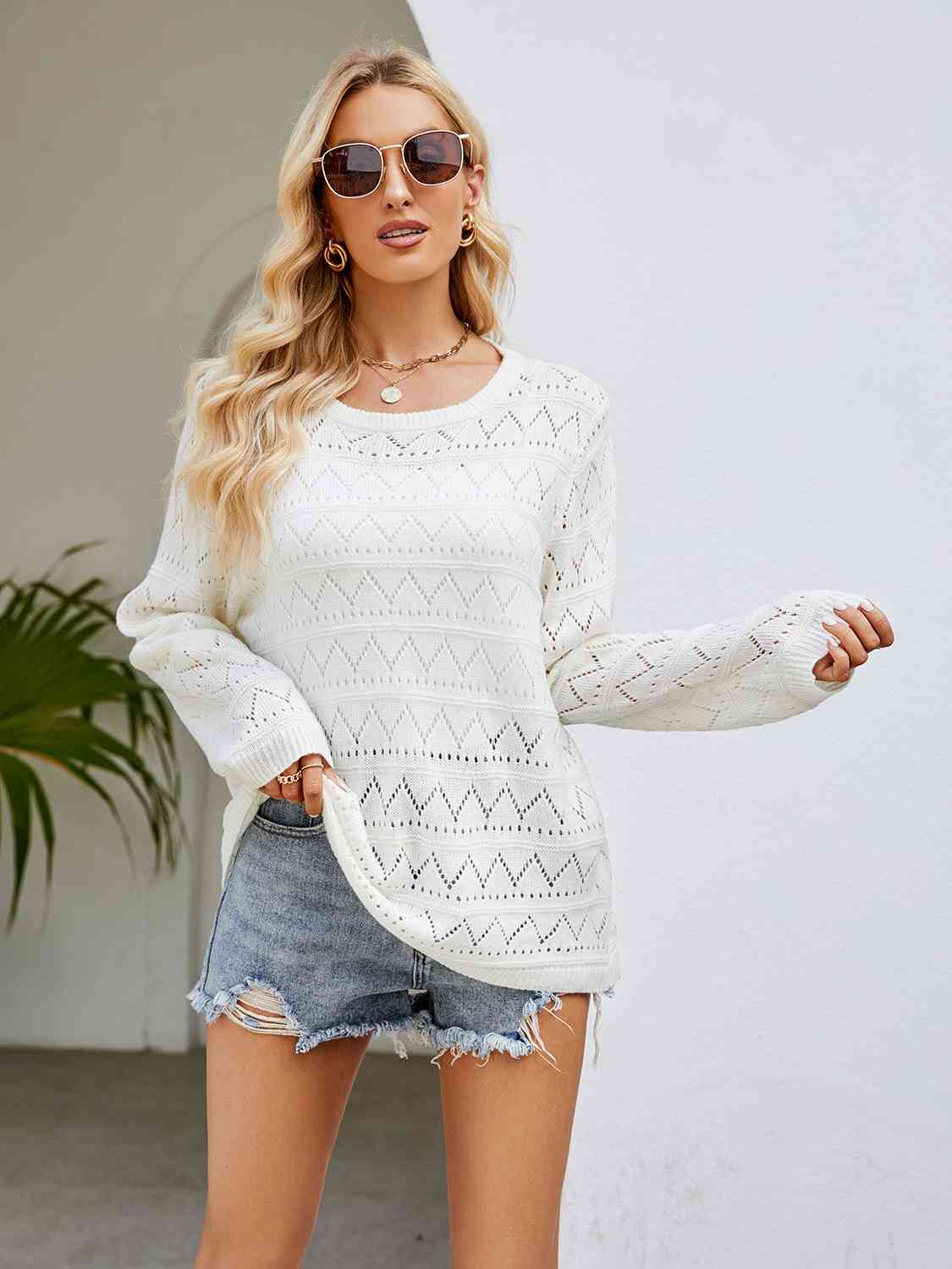 Round Neck Openwork Long Sleeve Knit Top - Guy Christopher