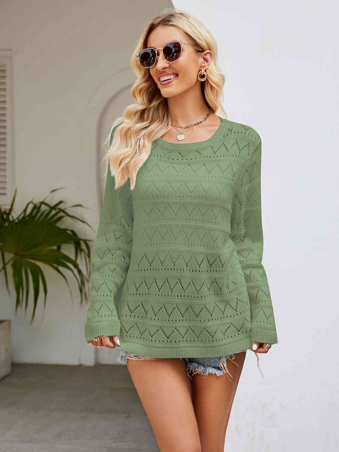 Round Neck Openwork Long Sleeve Knit Top - Guy Christopher