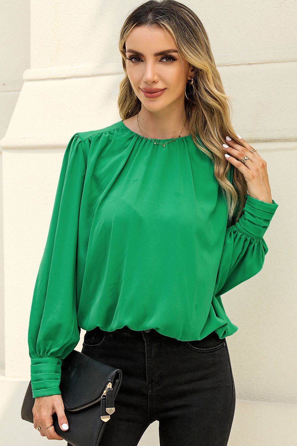 Round Neck Puff Sleeve Blouse - Guy Christopher