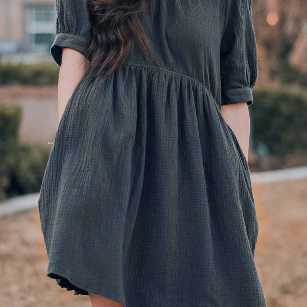 Round Neck Puff Sleeve Dress with Pockets - Guy Christopher