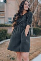 Round Neck Puff Sleeve Dress with Pockets - Guy Christopher