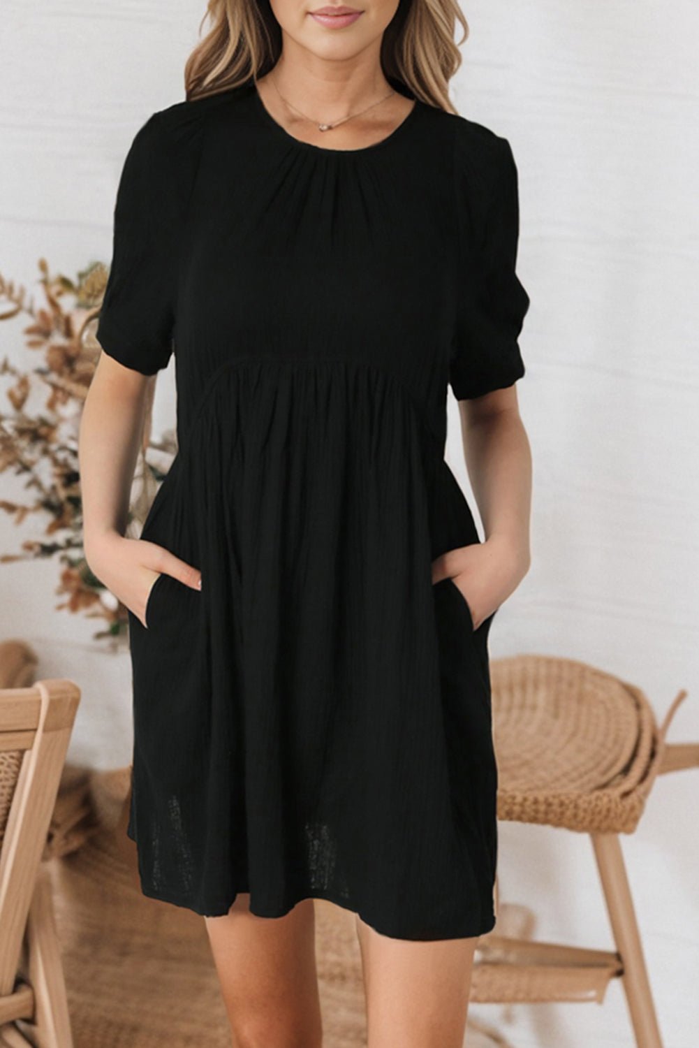 Round Neck Puff Sleeve Dress with Pockets - Guy Christopher