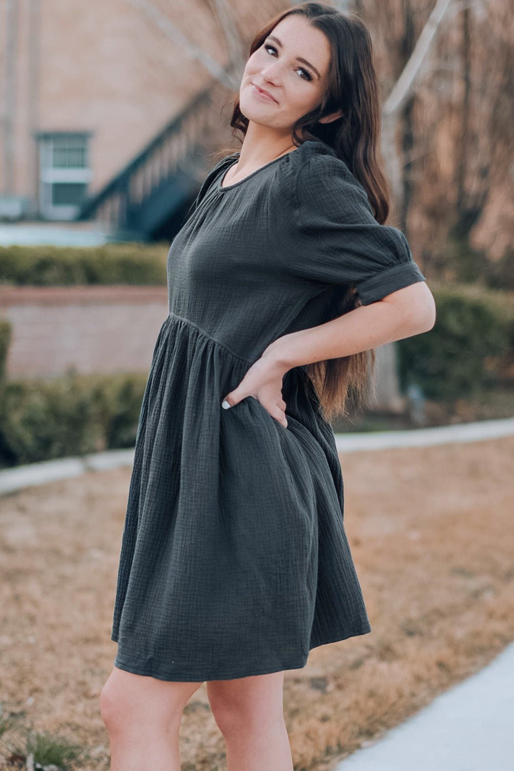 Round Neck Puff Sleeve Dress with Pockets - Guy Christopher