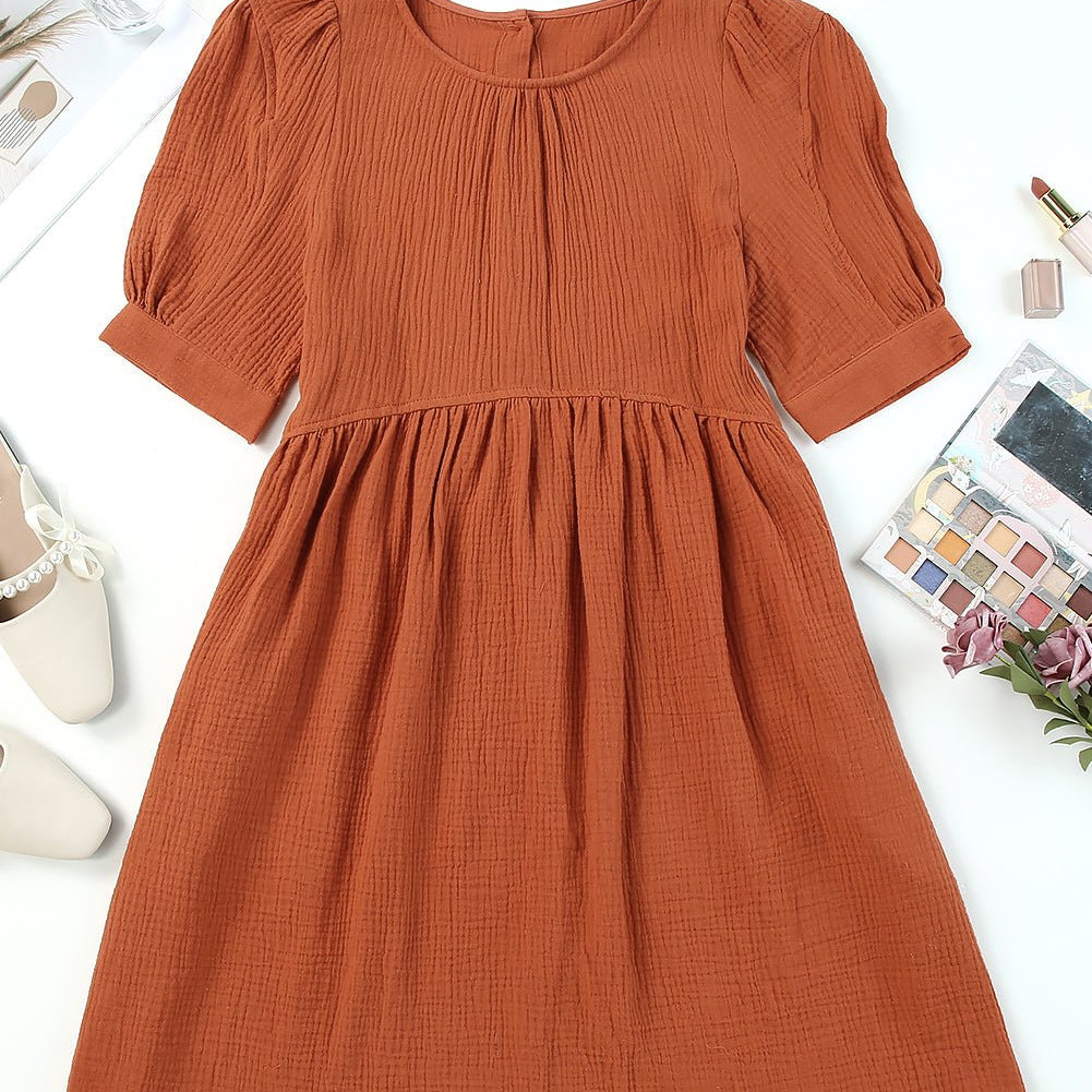 Round Neck Puff Sleeve Dress with Pockets - Guy Christopher