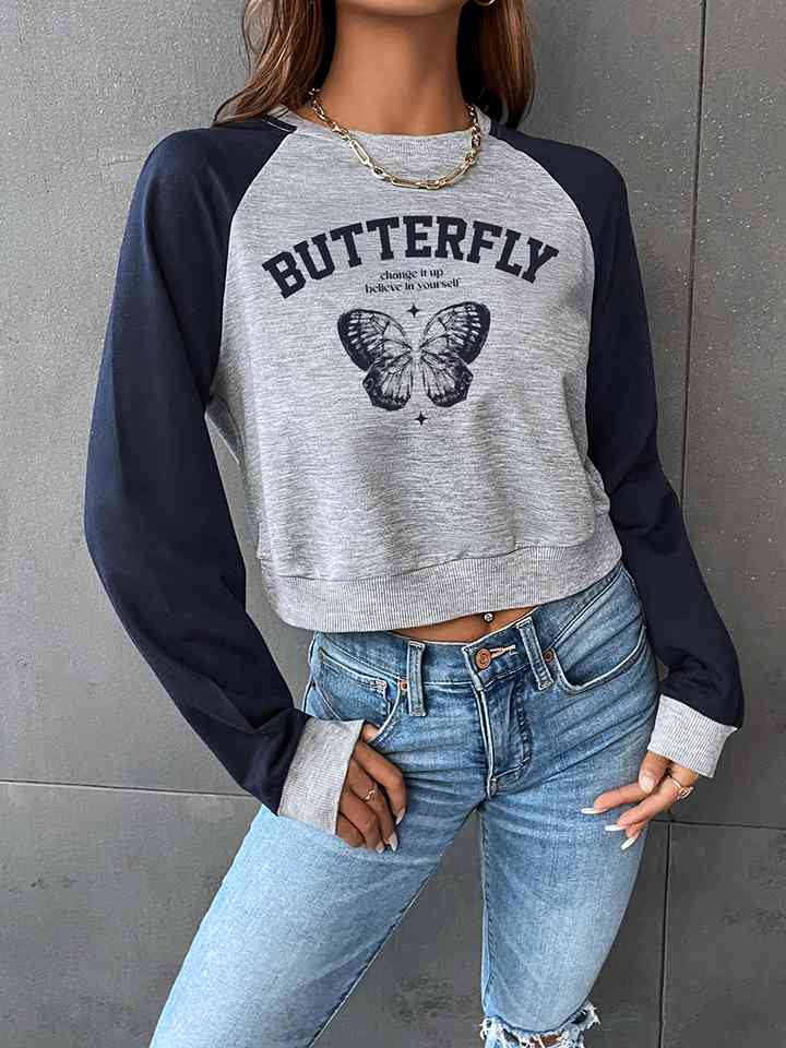 Round Neck Raglan Sleeve Butterfly Graphic Sweatshirt - Guy Christopher