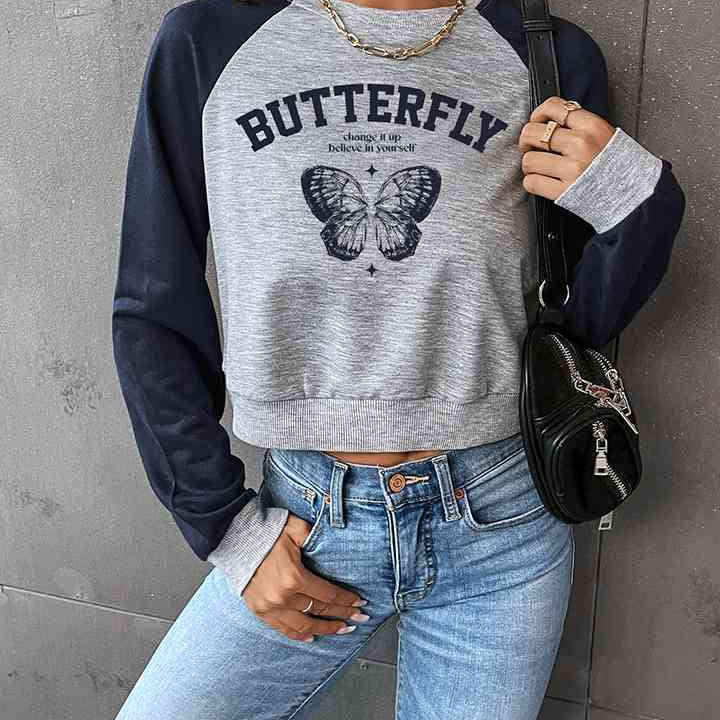 Round Neck Raglan Sleeve Butterfly Graphic Sweatshirt - Guy Christopher